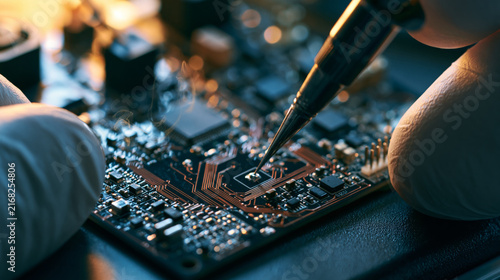 Close-up of technician hands soldering a drone flight controller circuit board with a precision soldering iron emitting light smoke