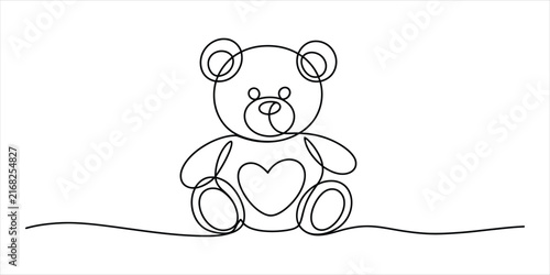 Continuous single line drawing of a cute teddy bear with a heart shape on its belly