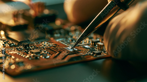 Macro photo of a professional technician soldering delicate contacts on an FPV drone flight controller board