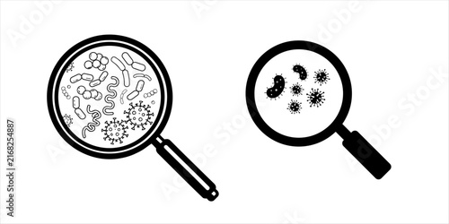 Bacteria and virus icons under magnifying glass in line art and solid silhouette style isolated on white background
