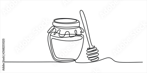 Continuous single line drawing of a glass honey jar with a wooden dipper tool