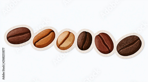 Watercolor Set of Six Coffee Beans in a Wavy Line with Soft Tan Outlines