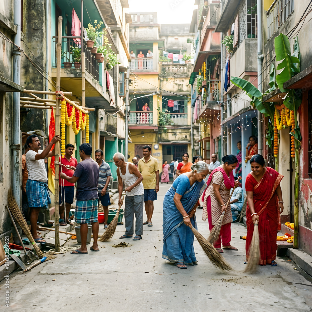 Obraz premium Busy street market with people walking in colorful clothes