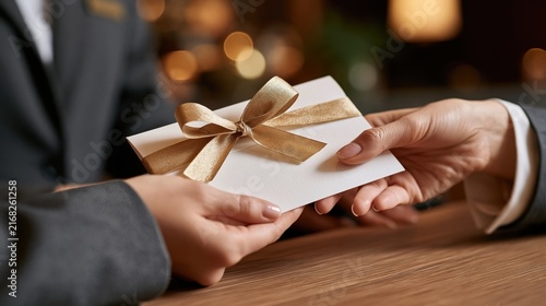 A person hands a gift wrapped in white paper with a gold ribbon