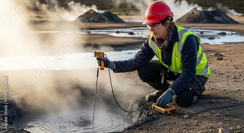Geologist in protective gear measures geothermal activity in a volcanic landscape.