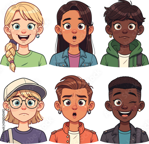 Diverse people avatars with various facial expressions and hairstyles