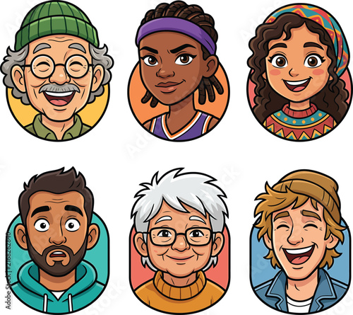 Diverse set of cartoon avatar portraits with multi-ethnic characters of various ages and expressions in flat vector style.