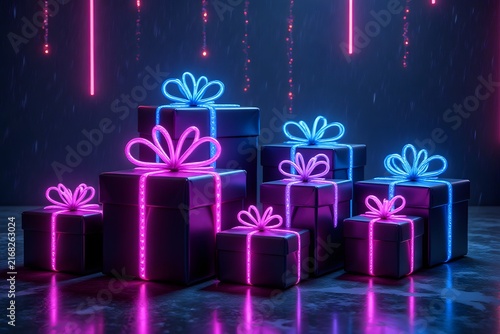 Cyberpunk neon gift boxes with glowing lines 3D render