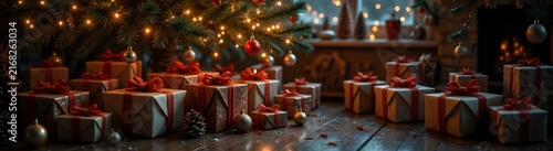 Cozy Christmas room panorama with lot of festive gift boxes.