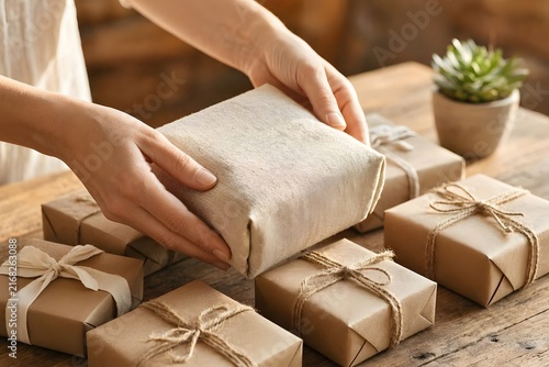 Hands wrapping holiday gift box with eco friendly craft paper