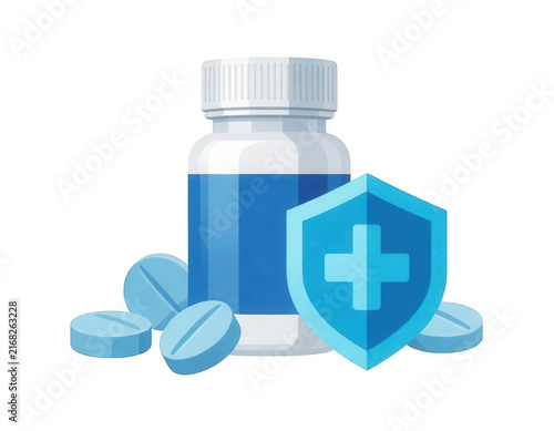 Blue Medicine Bottle with Shield Icon Transparent Background