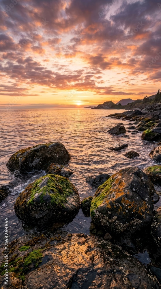 Obraz premium Rocky coastline at sunset, orange clouds reflecting on ocean water with mossy boulders in foreground.