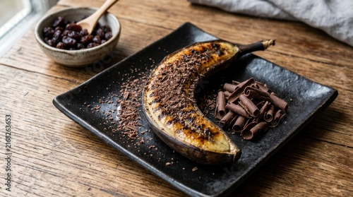 Grilled banana topped with grated chocolate and curls, served on a black plate with bowl of raisins.