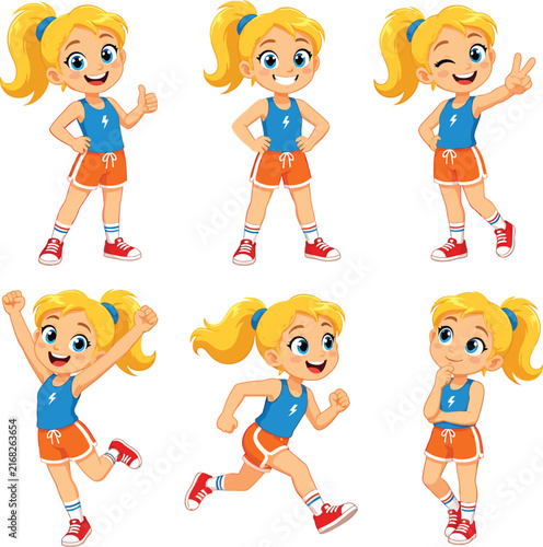 Set of cartoon girl character in sports clothes doing different actions