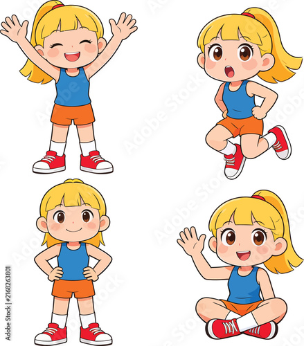 Happy cartoon blonde girl in various active poses smiling and waving