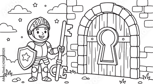Cartoon boy holding a pencil, standing next to a large pencil