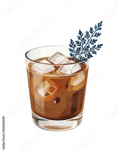 Iced Coffee Drink with Ice Cubes and Leaf Garnish Transparent Background