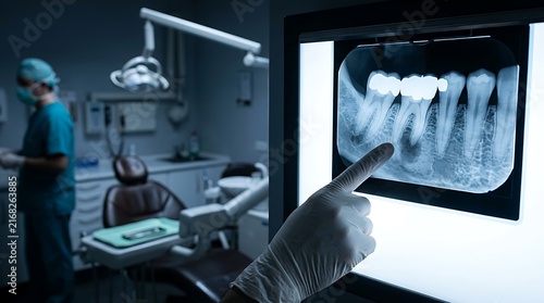 Dentist pointing at dental xray film on illuminated viewbox with gloved hand while assistant works in modern clinic background for stomatology diagnostics use.