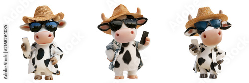 Set of A cool-looking Holstein cow wearing stylish black sunglasses and a classic blue denim jacket on transparent png background. Ai generated
