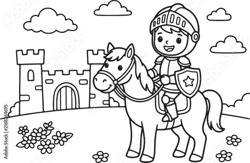 Cartoon boy holding two dogs, houses, and a tree in a sunny field