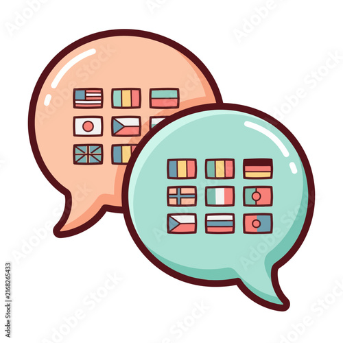 Speech bubbles with flags show communication and language learning while discussing global connections