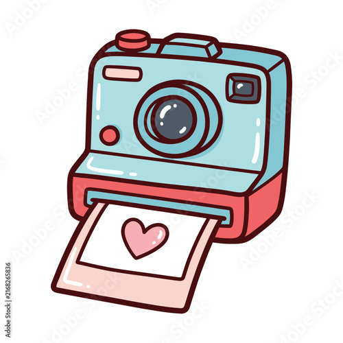 A cute instant camera prints a heart photo with a playful mood and simple design