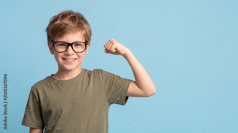 Naklejka premium Young boy with glasses flexes arm muscle, smiling confidently against a light blue background in a playful and cheerful pose