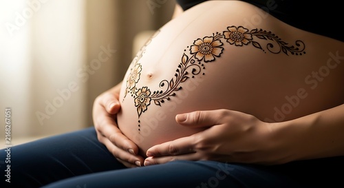 Pregnant Woman with Beautiful Henna Tattoo on Belly.