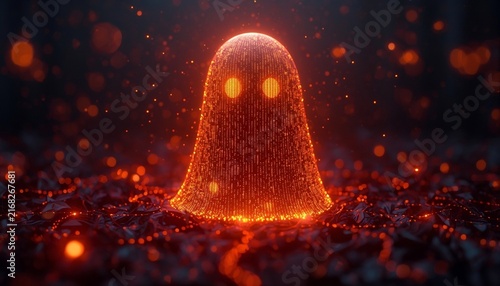 Halloween Digital Ghost Representing Cyber Attack and Cybersecurity Threat/ Futuristic Ghost-Shaped Data Entity in a Dark Cybersecurity Network