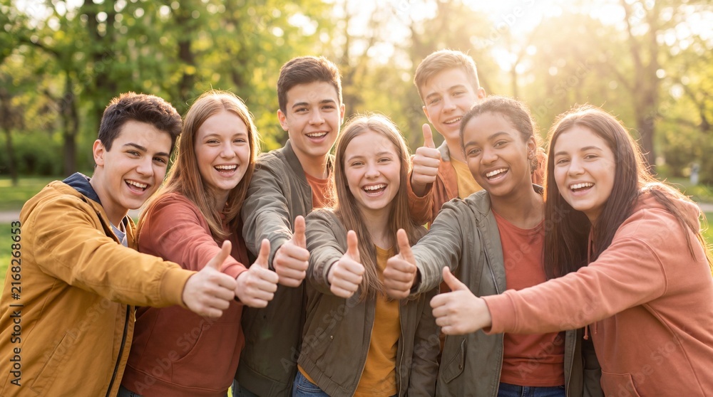 Obraz premium Group of teenagers smiling and giving thumbs up in a sunlit park, wearing casual clothing and enjoying a cheerful moment outdoors