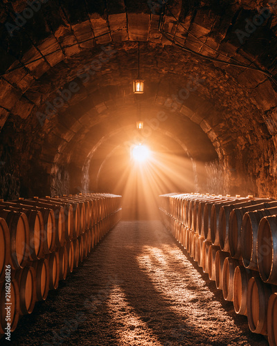 traditional wine barrels inside historic cellar, authentic regional tourism experience, warm golden illumination, rustic textures, premium travel stock photography, copy space