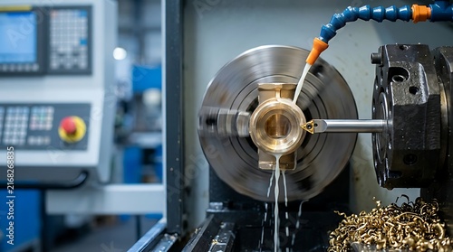 Precision metal part being machined on a lathe with coolant flowing, showing intricate manufacturing processes for industrial components and custom metalworking applications.