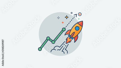 Rocket launch and growth chart illustration representing startup success and business progress