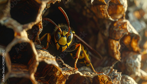 Obraz na płótnie Wasp inside nest close up