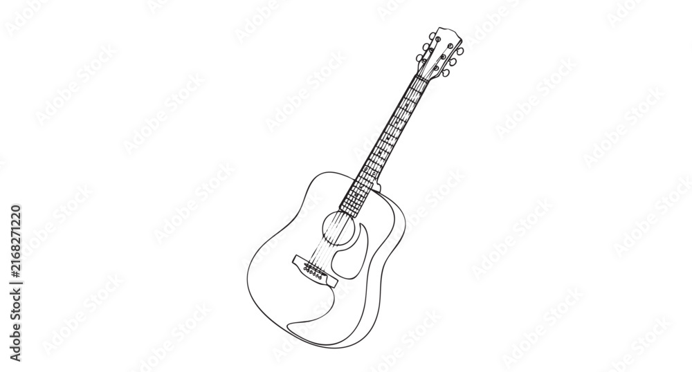 Obraz premium Minimalist Black And White Outline Sketch Of An Acoustic Guitar Featuring Clean Vector Line Art Design Isolated On A Pure White Background For Music