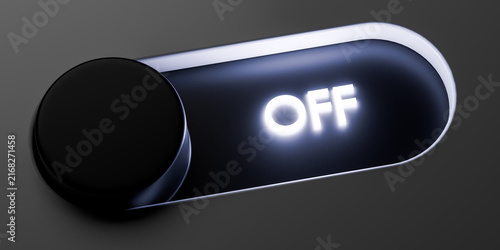 Modern application slider mechanism shifted left into deactivated state displaying luminous white typography over sleek black futuristic metallic surface panel, 3d illustration