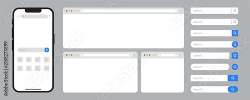 Browser and Search Bar UI Kit. Smartphone Website Interface, Blank Browser Windows, Address Bar, Search Box, and Web Navigation Templates. Flat Vector Illustration.