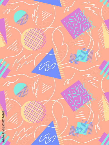 Memphis design seamless repeat pattern. Doodle 80s geometric colorful creative design vector illustration. For textile, texture, fabric wrapping, decorative, wallpaper, shirts, clothing