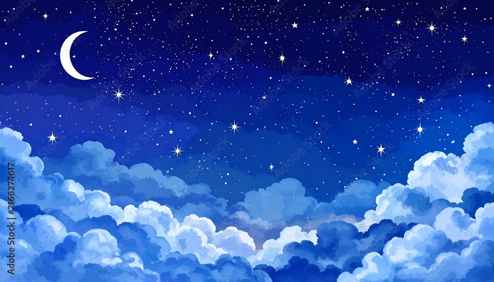 Fototapeta premium Cartoon-style illustration of a tranquil nighttime scene. Crescent moon shines above a starry sky, with fluffy, blue-toned clouds below