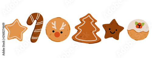 Gingerbread cookies with reindeer, candy cane, tree, star, snowflake and bell shapes for Christmas baking design. Flat cartoon hand drawn vector illustration.