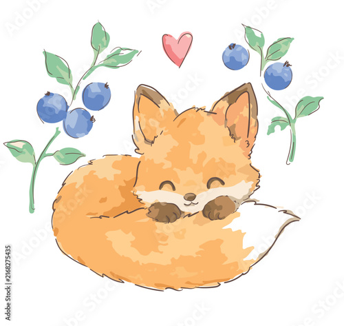 Cute hand drawn sleeping fox surrounded by blueberries and green leaves vector