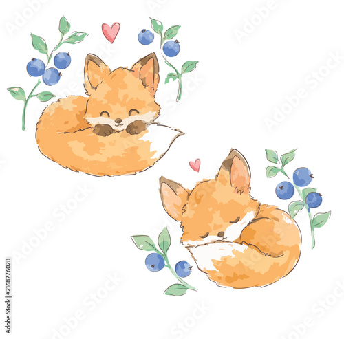 Cute hand drawn foxes resting among blueberries and green leaves vector set print