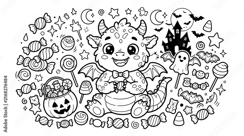 Fototapeta premium Cute Dragon Halloween Coloring Page with Candy and Spooky Elements
