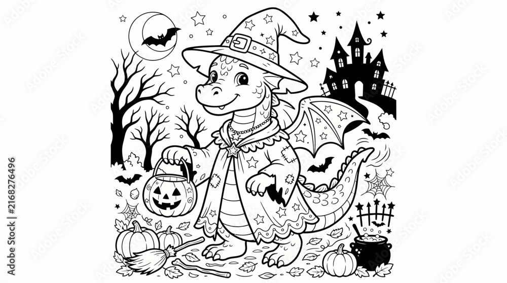 Fototapeta premium Cute Dragon Witch Costume Trick-or-Treat Halloween Coloring Page