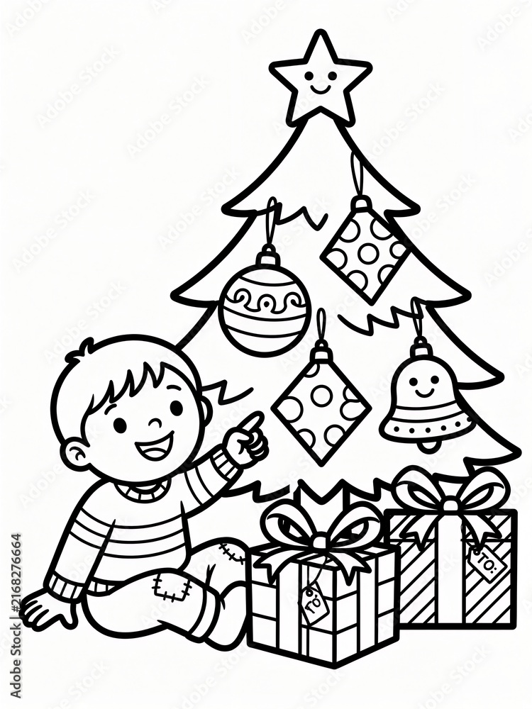 Fototapeta premium Child Decorating Christmas Tree with Gifts Coloring Page