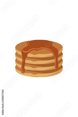 Hand-traced vector illustration of a delicious stack of fluffy pancakes drizzled with rich golden maple syrup dripping down the sides, isolated on a white background, perfect for breakfast menus and