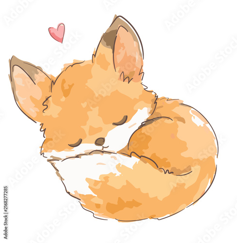 Cute sleeping red fox curled up with a tiny heart on white background vector 