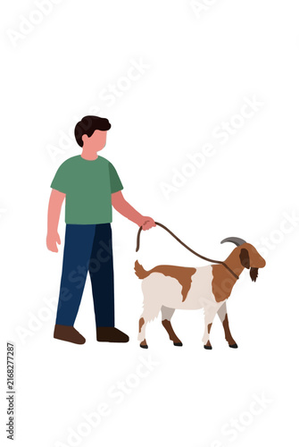 Vector illustration of a young man in green shirt and blue pants walking and leading a brown and white goat on a rope leash, hand-traced flat icon style, isolated on white background, rural and pet