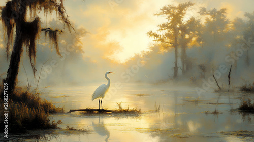 White egret standing on a submerged log in a misty bayou at sunrise with mossy cypress trees