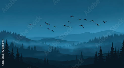 Blue Landscape Forest Silhouette with Birds Flying Above Mountains. Peaceful Scenery of Evergreen Trees and Hills at Twilight or Dawn